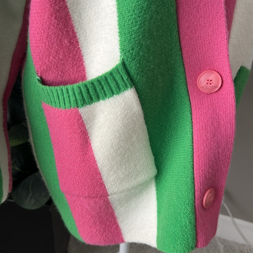 😊 Pink and Green Color-Block Cardigan Sweater - Picture 4 of 7